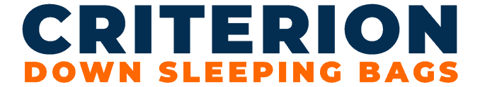 Blue and Orange Logo wit Criterion on one line and Down Sleeping Bags on the other